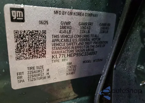 2025 Chevrolet Trax 1Lt z USA, uszkodzony, nr VIN KL77LHEP9SC334097